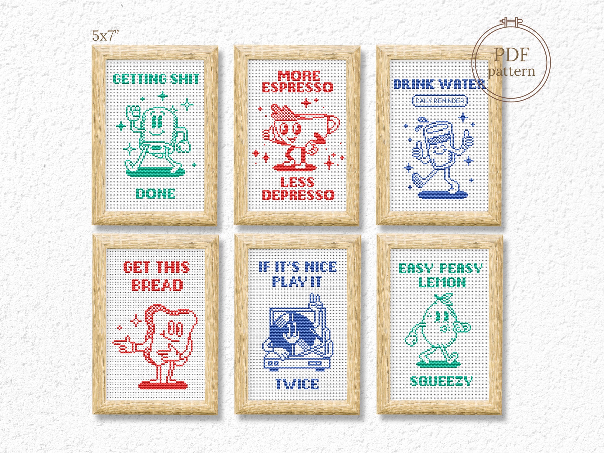 Set of 6 funny motivational cross stitch patterns – modern quote PDF charts for minimalist home decor and wall art