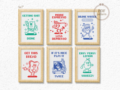 Set of 6 funny motivational cross stitch patterns – modern quote PDF charts for minimalist home decor and wall art