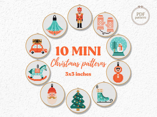 Set of 10 mini Christmas cross stitch patterns, festive holiday embroidery designs