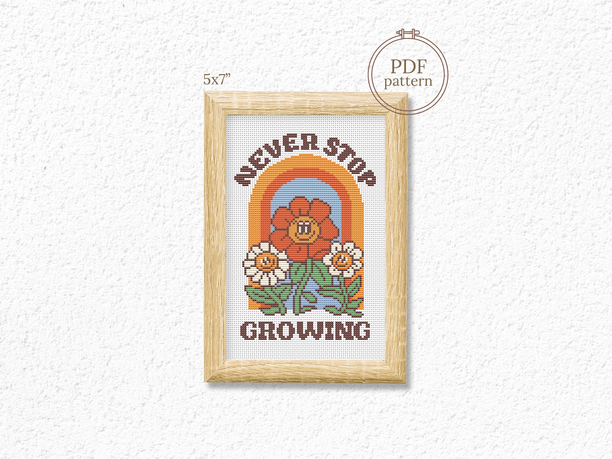 Never Stop Growing cartoon quote cross stitch pattern with retro colors – PDF download.