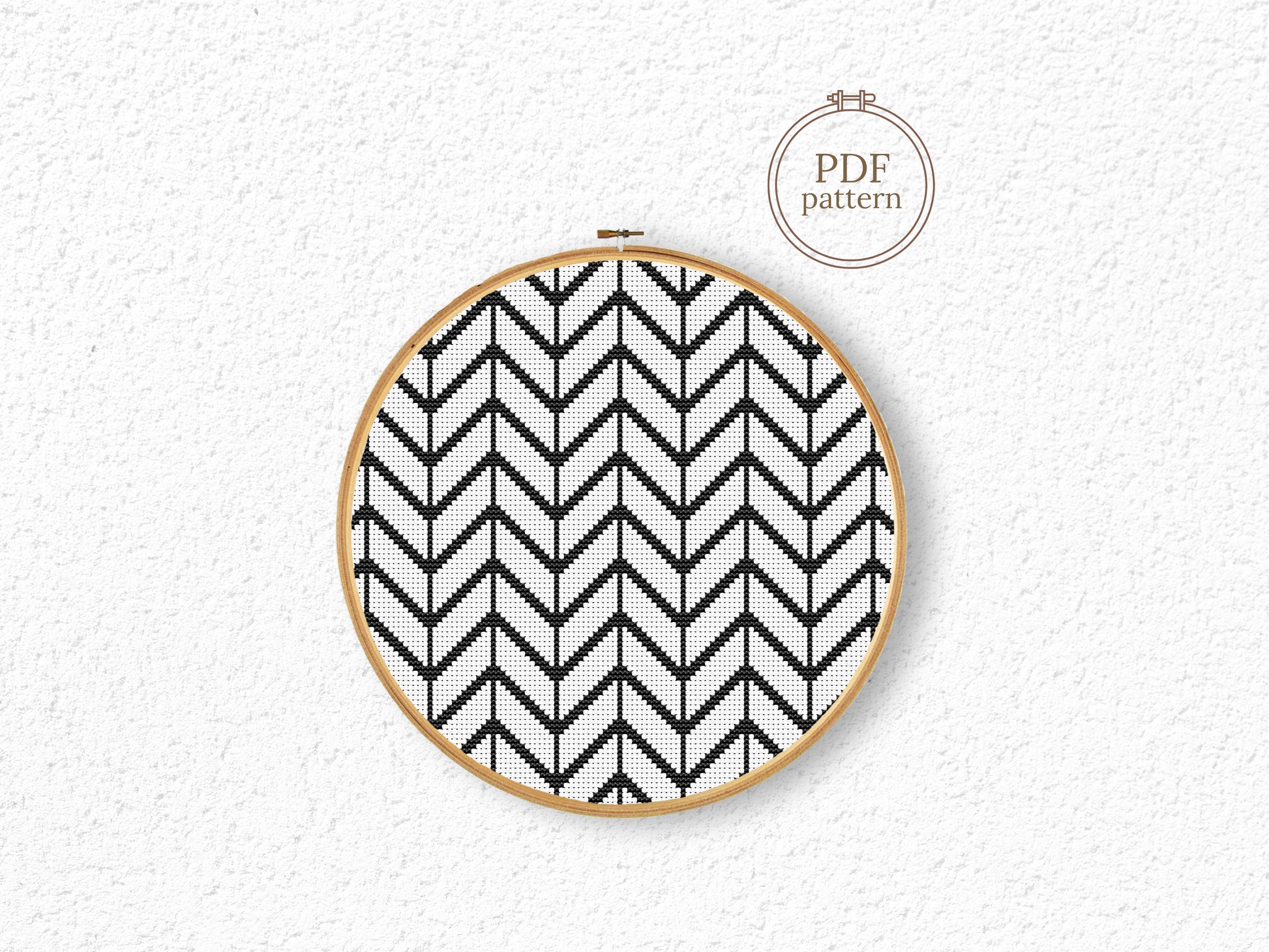 Minimal Scandinavian geometric cross stitch pattern in black and white, modern PDF embroidery design