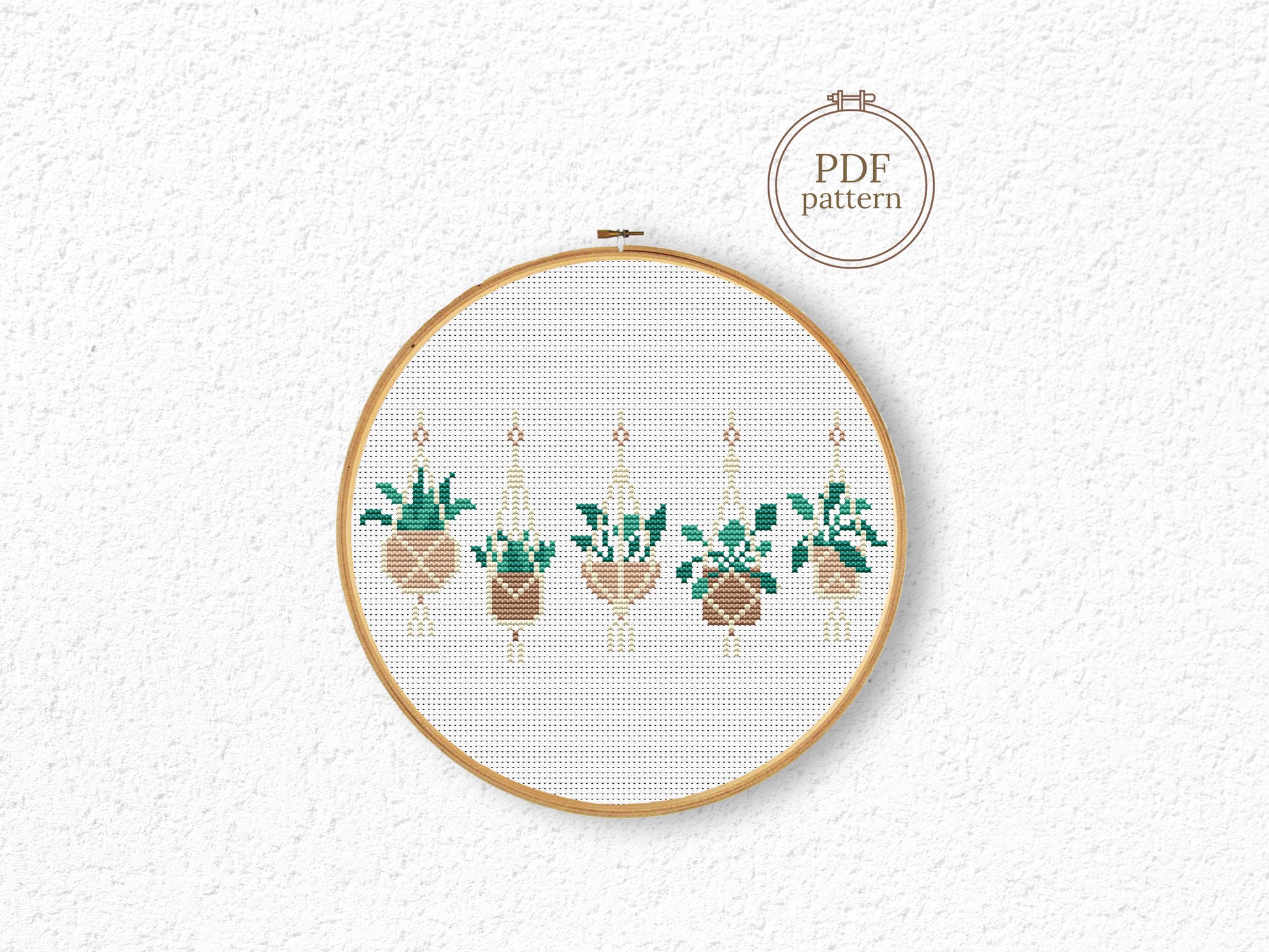 Boho cross stitch pattern with home plants in pots, decorative and stylish design