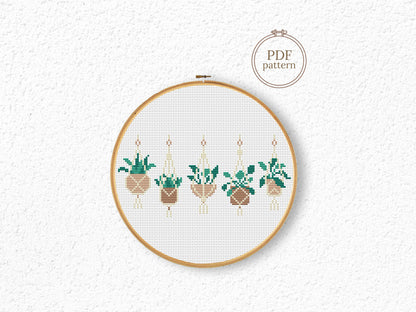 Boho cross stitch pattern with home plants in pots, decorative and stylish design