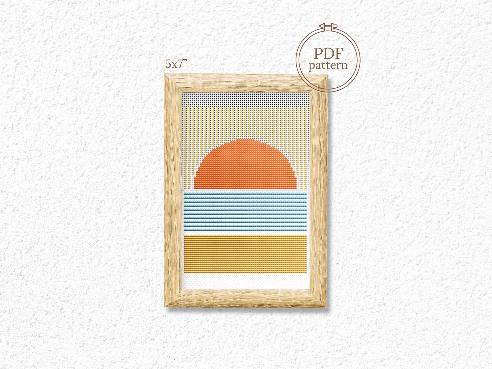 Geometric sunset cross stitch pattern – abstract sea view – modern ocean embroidery PDF