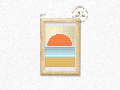 Geometric sunset cross stitch pattern – abstract sea view – modern ocean embroidery PDF