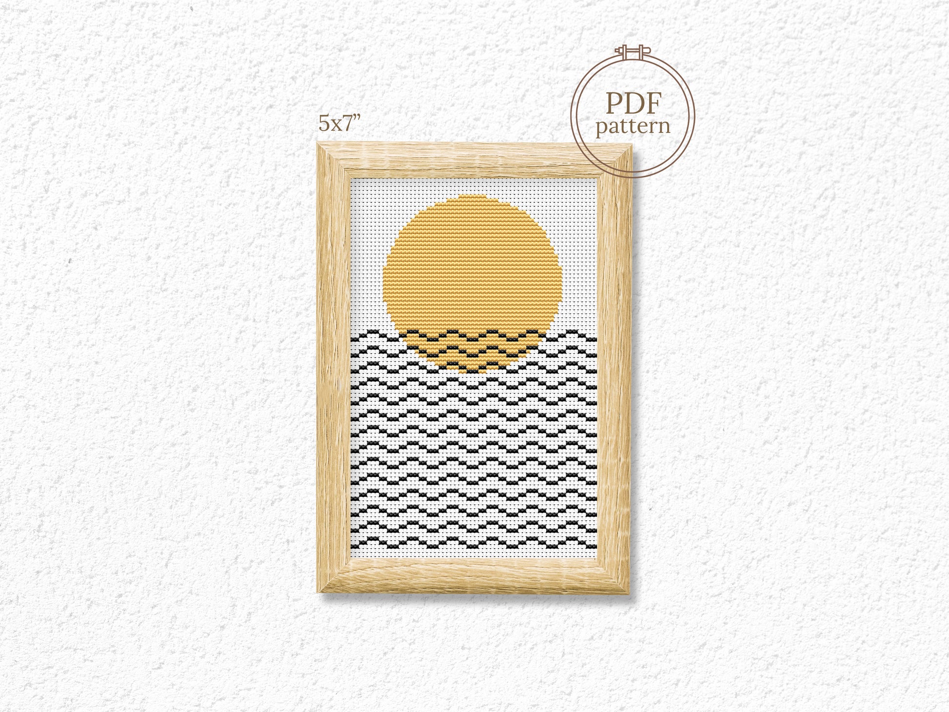 Abstract cross stitch pattern with geometric sun and sea lines – modern minimalist embroidery PDF