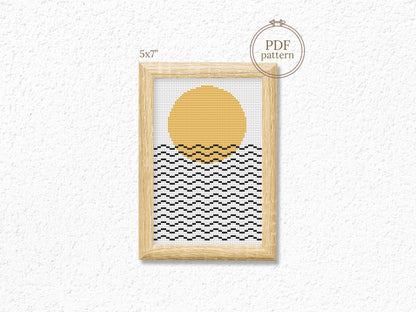Abstract cross stitch pattern with geometric sun and sea lines – modern minimalist embroidery PDF