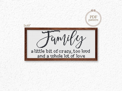 Family farmhouse quote cross stitch pattern – rustic PDF embroidery design for home décor