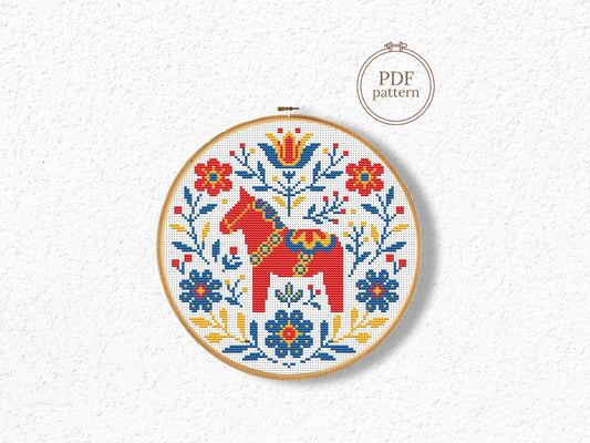 Nordic horse cross stitch pattern, Scandinavian folk embroidery design