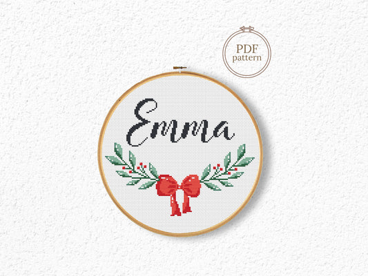 Personalized Christmas name cross stitch pattern with custom text, printable PDF chart