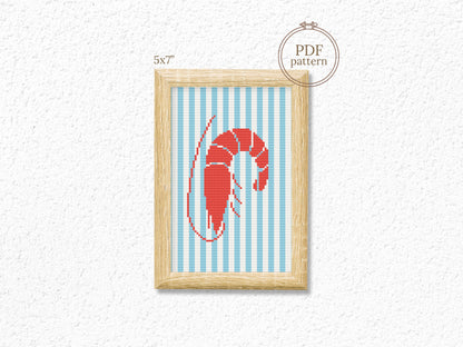 Shrimp trendy summer cross stitch pattern – modern seafood embroidery PDF