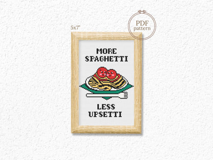 More Spaghetti Less Upsetti cross stitch pattern – funny kitchen quote embroidery PDF for modern food decor