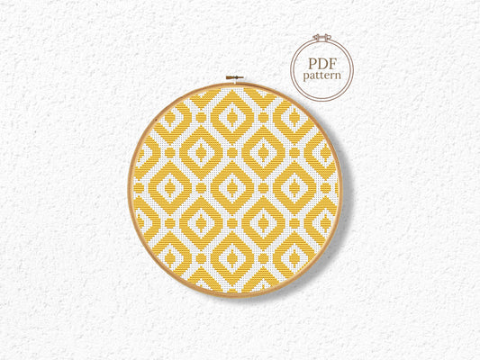 Yellow geometric rhombs cross stitch pattern, modern diamond design in PDF format