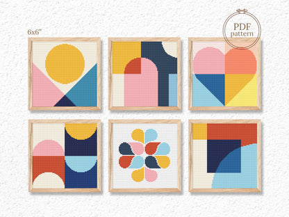 6 Colorful Geometric Shapes Cross Stitch Patterns – Small Modern PDF Set