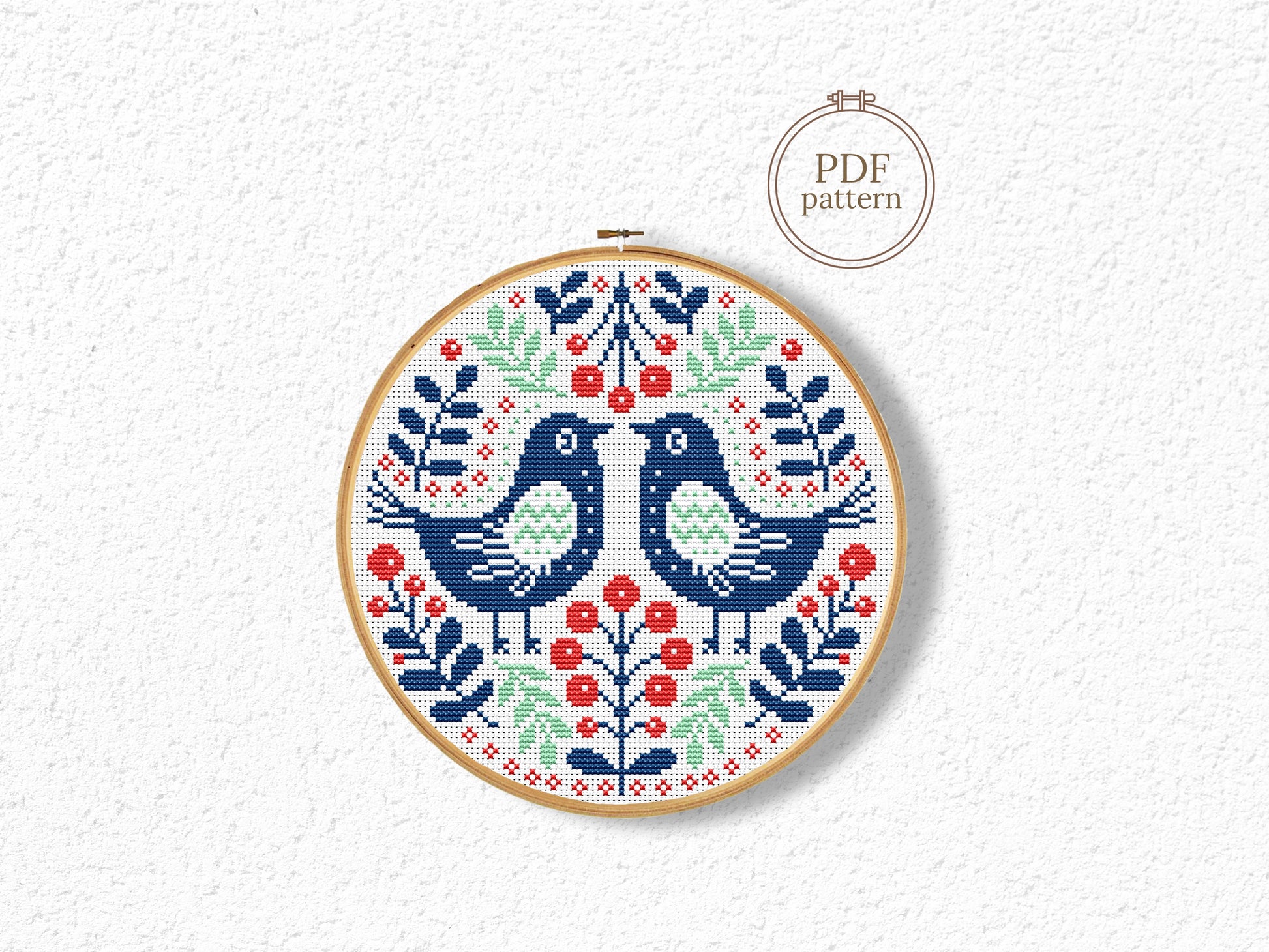 Nordic folk birds in ornaments cross stitch pattern, Scandinavian embroidery design