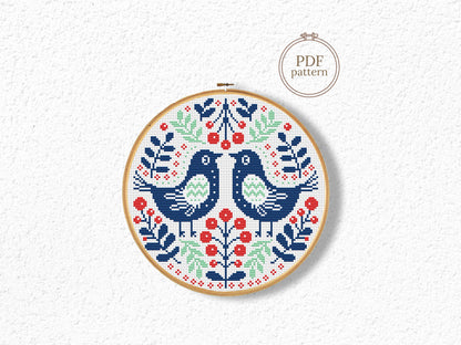 Nordic folk birds in ornaments cross stitch pattern, Scandinavian embroidery design