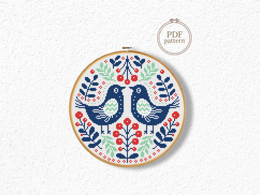Nordic folk birds in ornaments cross stitch pattern, Scandinavian embroidery design