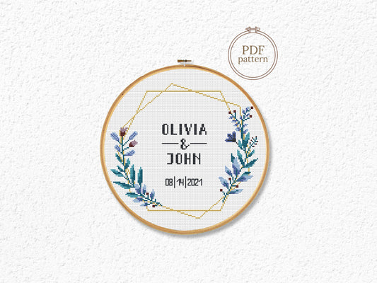 Wedding personalized cross stitch pattern – floral frame in blue and violet – embroidery PDF with alphabet