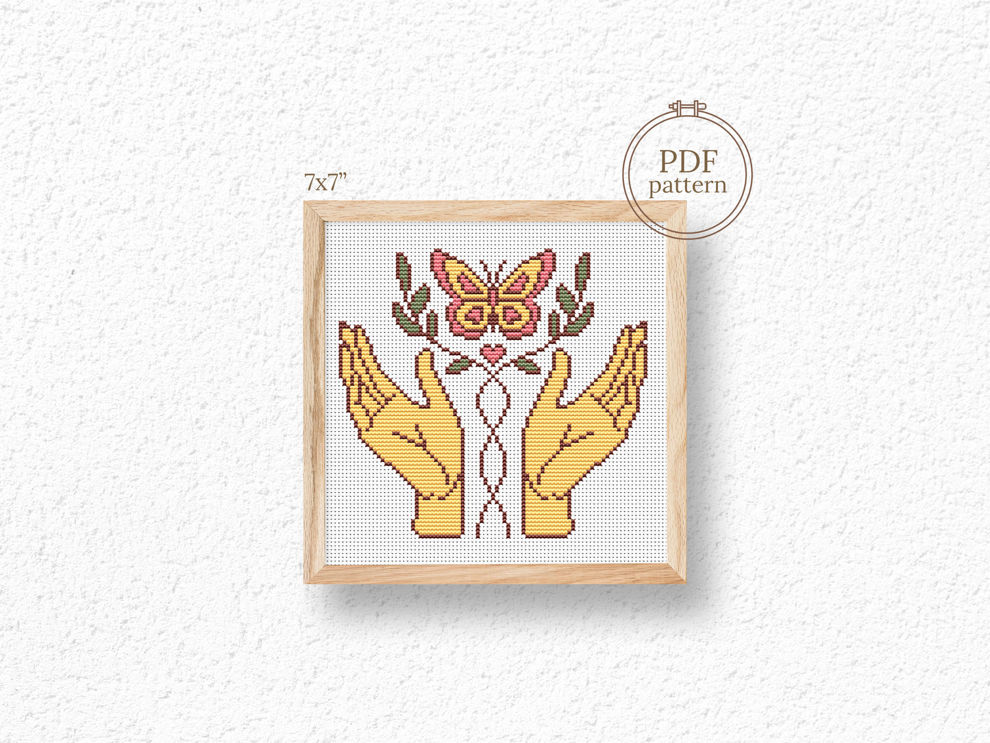 Retro cross stitch pattern PDF of butterfly in hands – vintage nature embroidery design