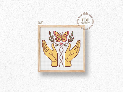 Retro cross stitch pattern PDF of butterfly in hands – vintage nature embroidery design