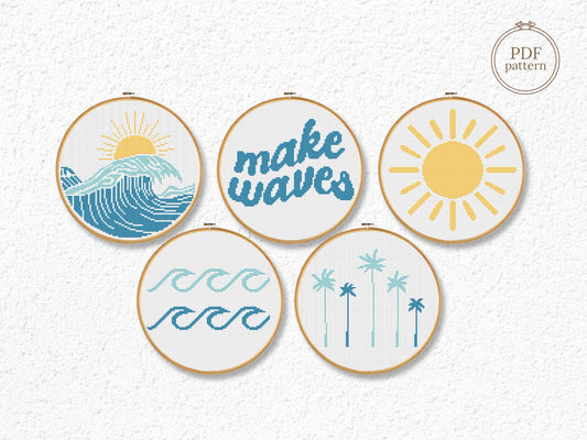 Set of 5 summer cross stitch patterns – sea, sun, surf vibe – coastal embroidery PDF bundle