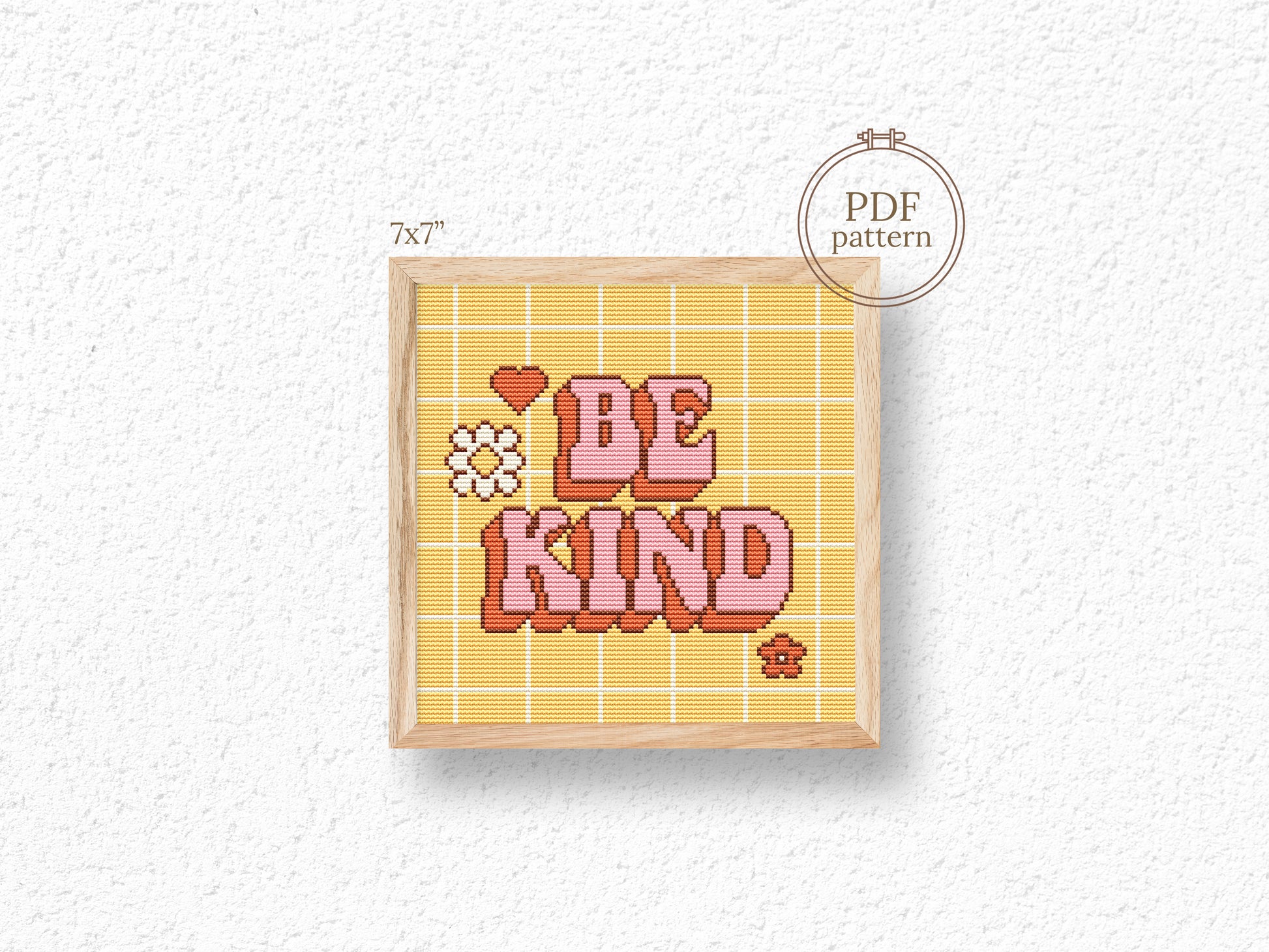 Colorful trendy retro cross stitch pattern with "Be Kind" quote – vibrant embroidery PDF chart