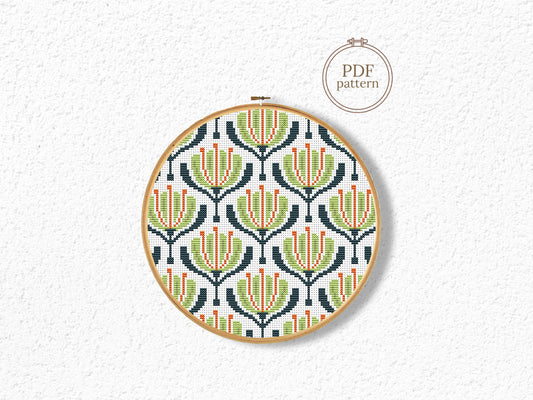 Green and red geometric flowers cross stitch pattern, modern PDF embroidery design