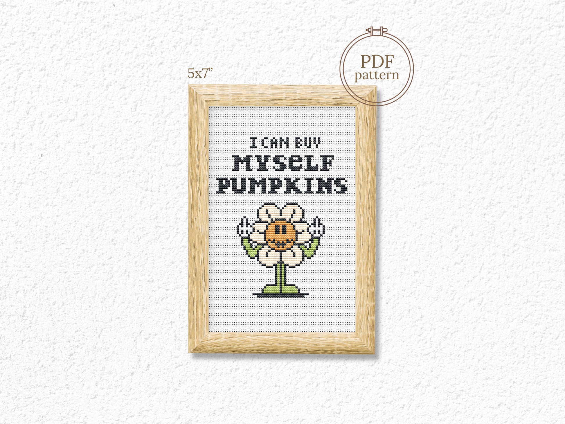I Can Buy Myself Pumpkins funny autumn cross stitch pattern – trendy fall quote PDF for modern embroidery