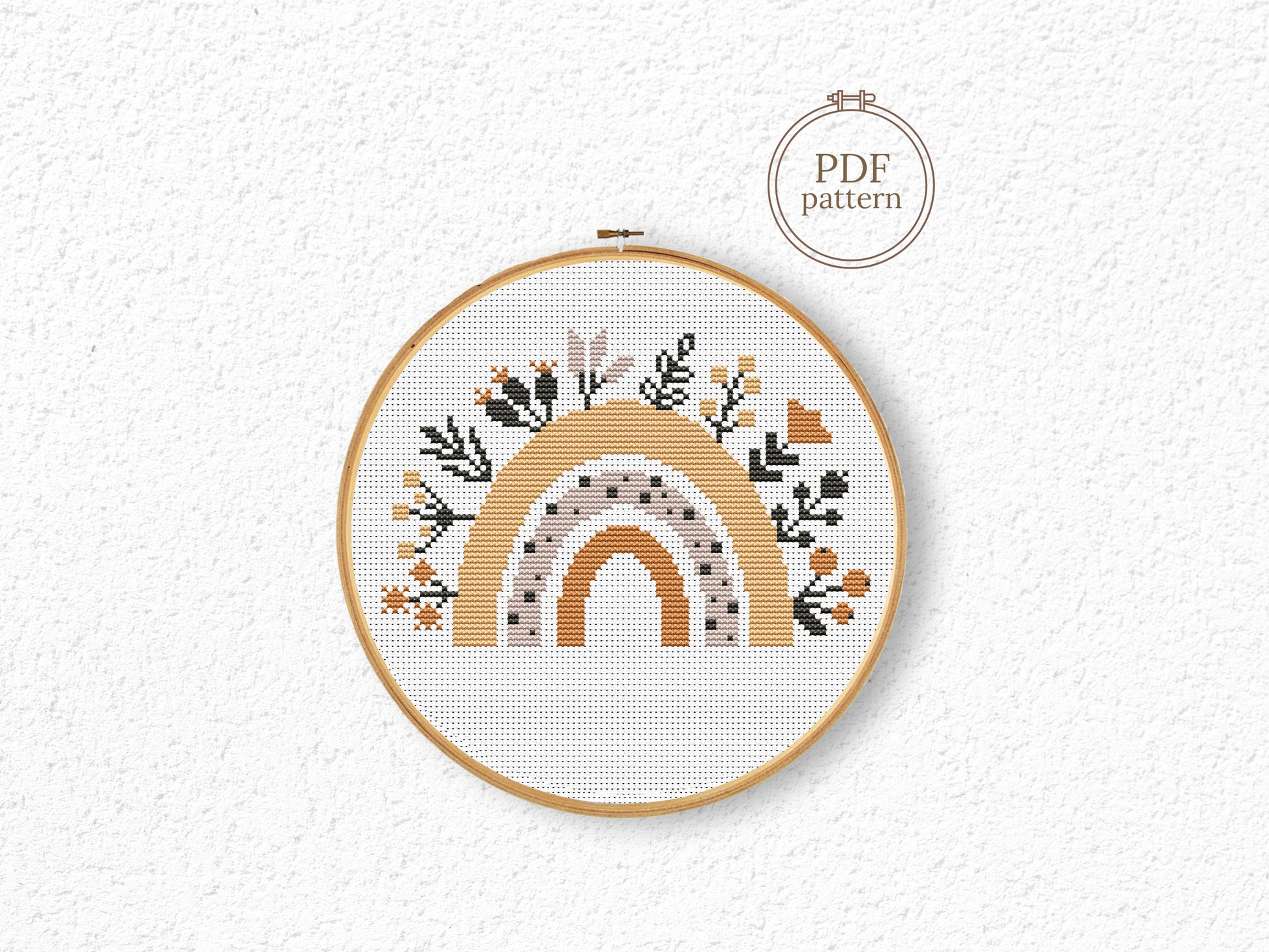 Autumn rainbow cross stitch pattern with fall leaves, cozy seasonal PDF embroidery design