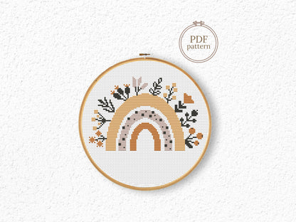 Autumn rainbow cross stitch pattern with fall leaves, cozy seasonal PDF embroidery design