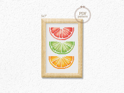 Citrus slices cross stitch pattern for colorful kitchen decor