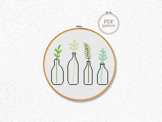 minimalist green plants cross stitch pattern with outline pots, small beginner embroidery design on white background