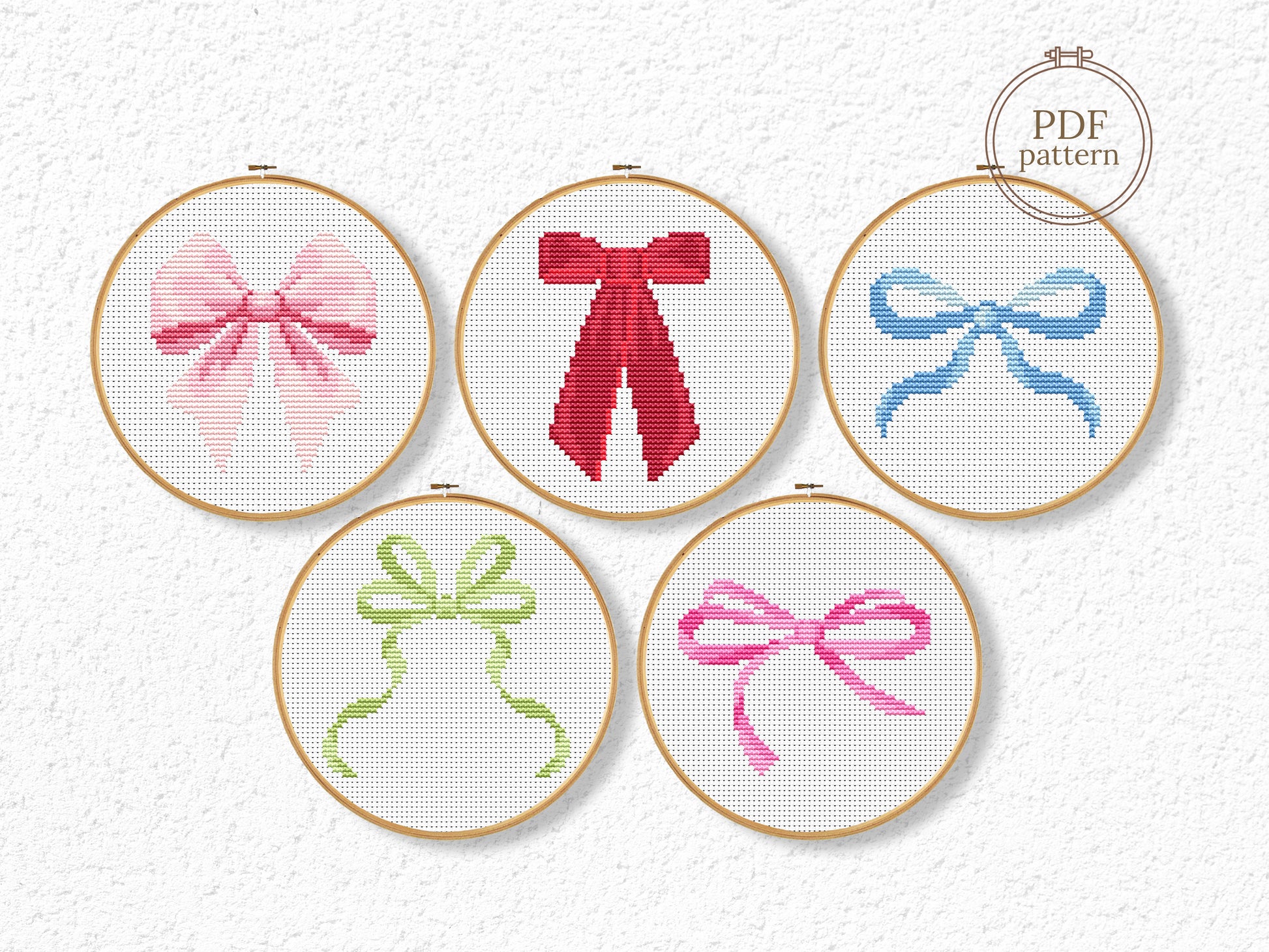 Set of 5 minimalist bow cross stitch patterns – trendy PDF chart for modern girl room decor