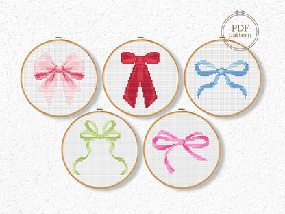 Set of 5 minimalist bow cross stitch patterns – trendy PDF chart for modern girl room decor