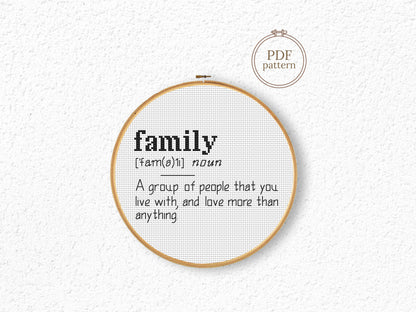 Family quote cross stitch pattern with modern typography