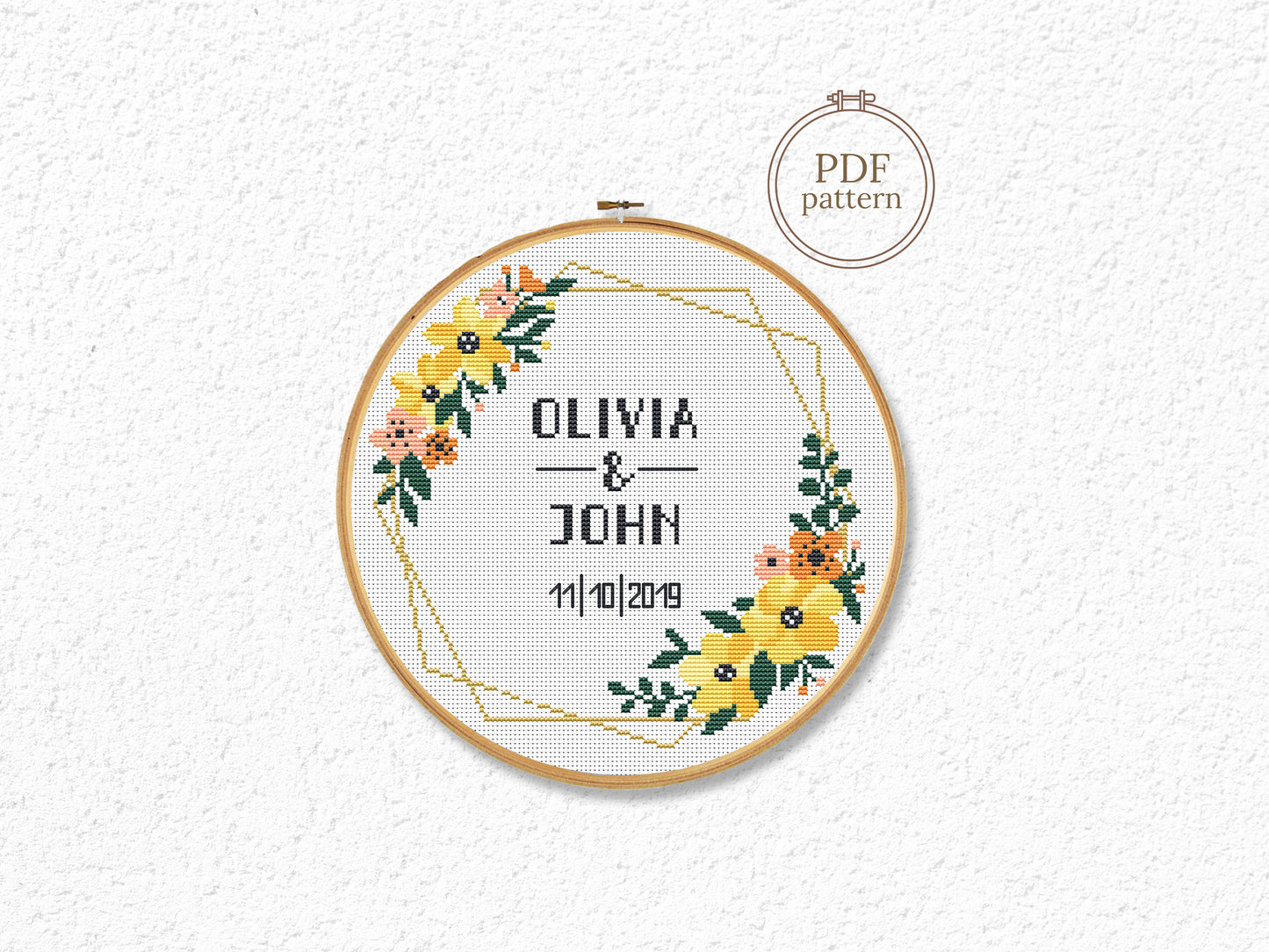 Wedding personalized cross stitch pattern – yellow flower frame – embroidery PDF with alphabet for names and dates