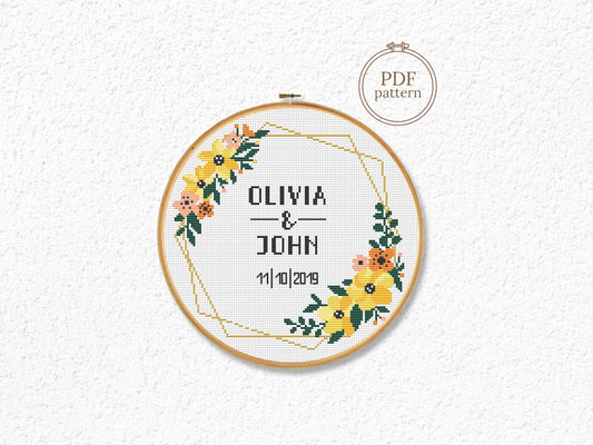 Wedding personalized cross stitch pattern – yellow flower frame – embroidery PDF with alphabet for names and dates
