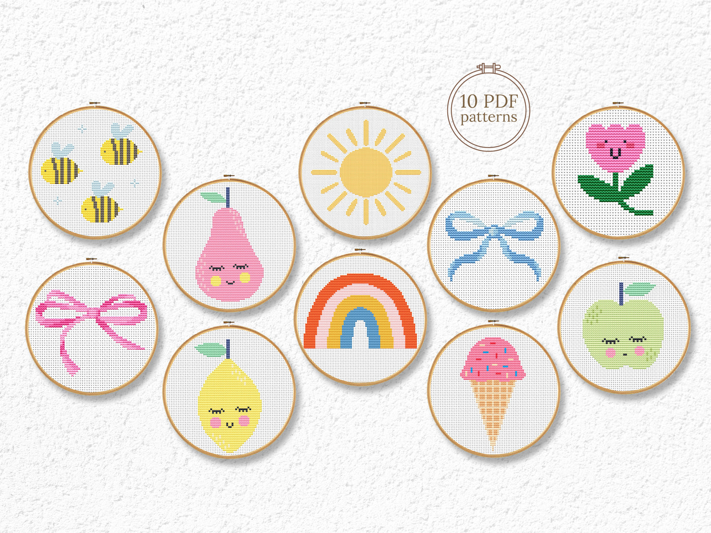 Beginner cross stitch pattern bundle – set of 10 simple designs – easy PDF embroidery for beginners