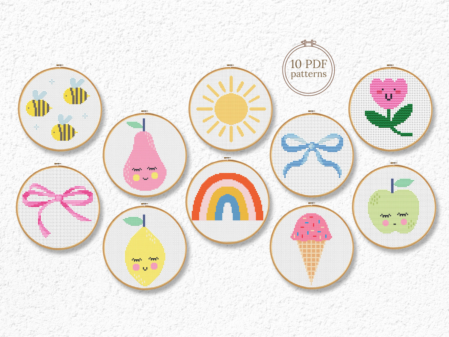 Beginner cross stitch pattern bundle – set of 10 simple designs – easy PDF embroidery for beginners