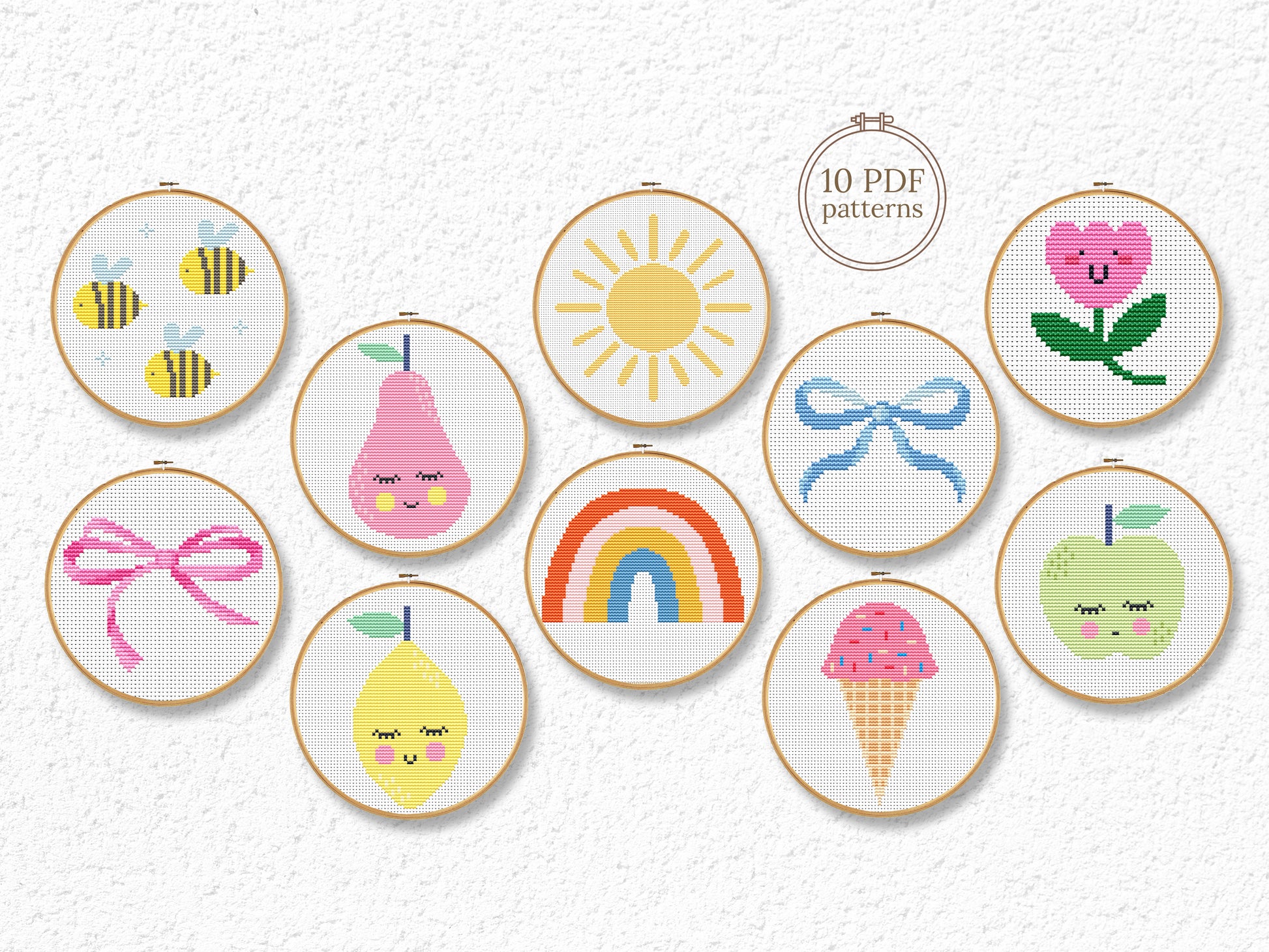 Beginner cross stitch pattern bundle – set of 10 simple designs – easy PDF embroidery for beginners