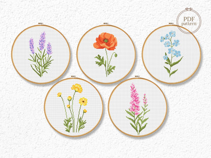 Meadow flower cross stitch pattern set – PDF charts of lavender, poppy, veronica, craspedia, and forget-me-not