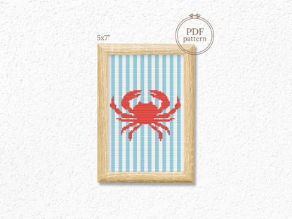 Crab trendy summer cross stitch pattern – modern coastal embroidery PDF