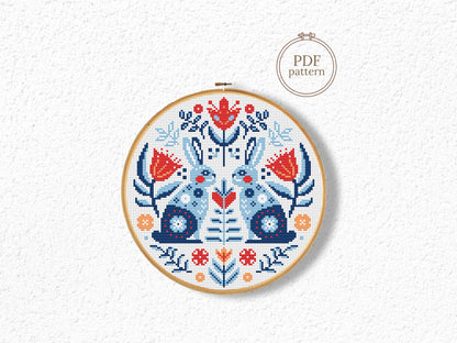 Folk rabbits Nordic cross stitch pattern, Scandinavian animal embroidery design