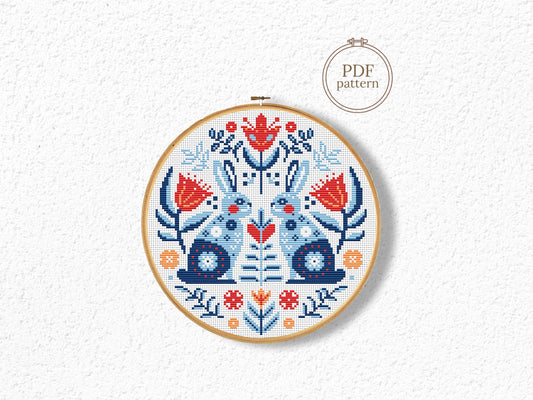 Folk rabbits Nordic cross stitch pattern, Scandinavian animal embroidery design