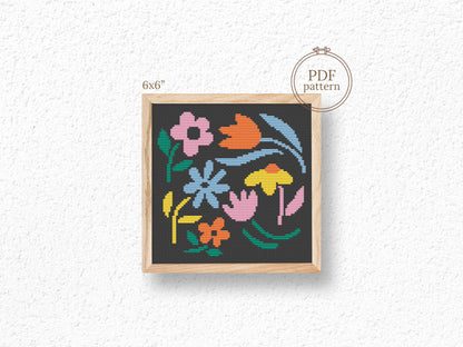 Abstract colorful flowers cross stitch pattern – modern PDF floral design on black canvas for hoop art and creative gifts