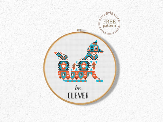 Tribal fox free cross stitch pattern, geometric woodland animal embroidery design