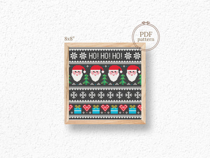Christmas cross stitch pattern with ornaments and Santa, festive holiday embroidery design