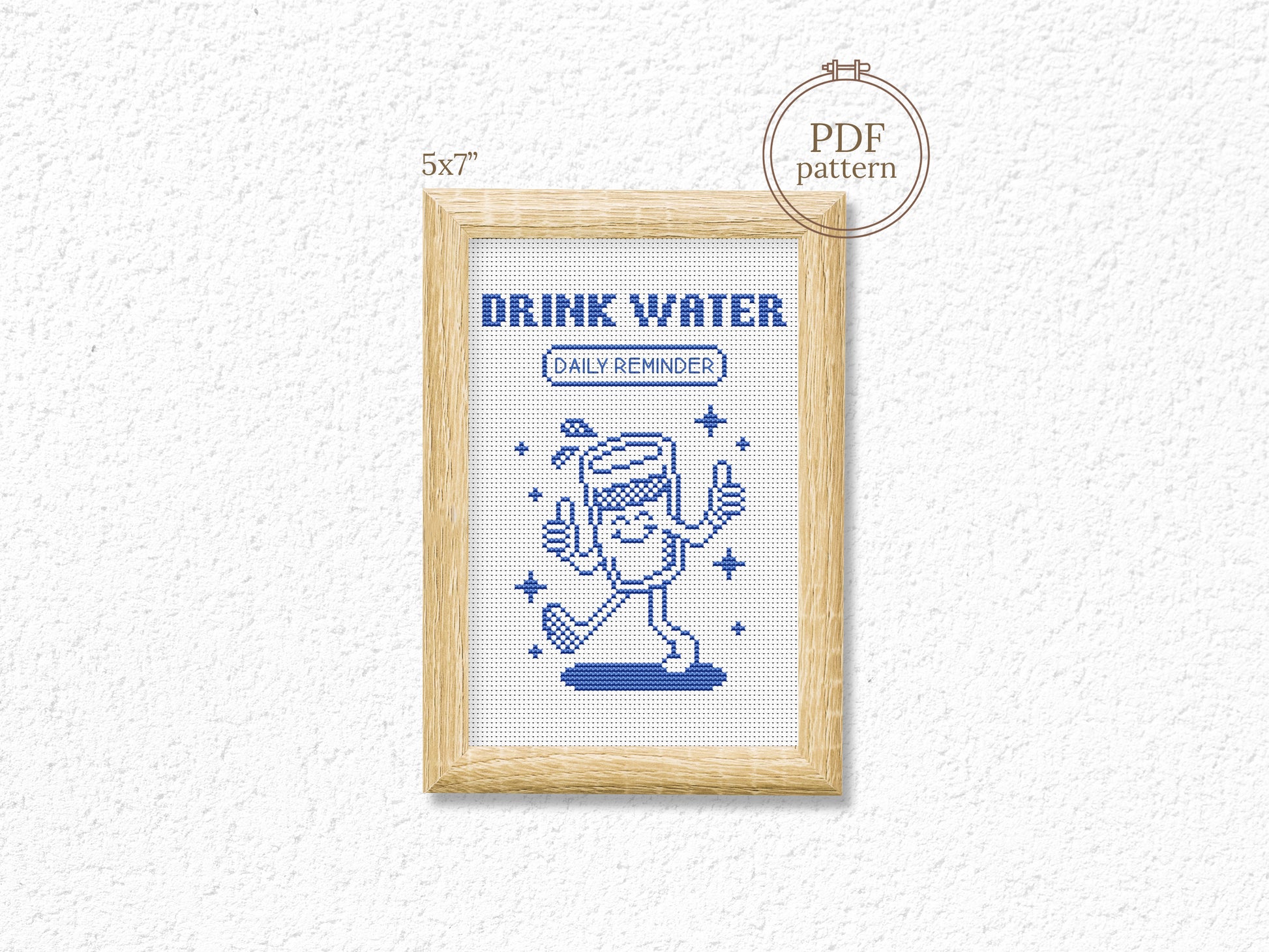 Drink Water cross stitch pattern – cute cartoon glass with quote, hydration embroidery PDF