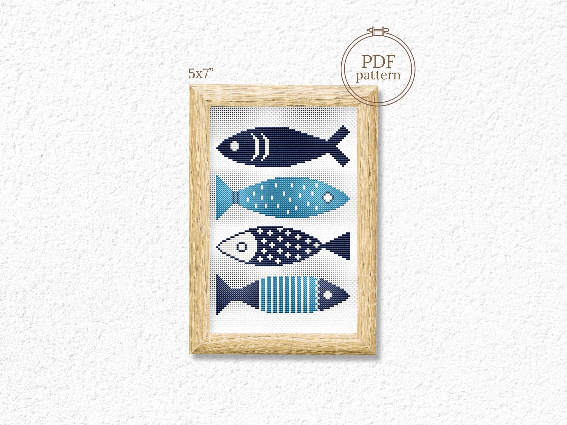 Abstract blue fishes cross stitch pattern – minimalist modern summer embroidery design PDF for ocean-themed decor
