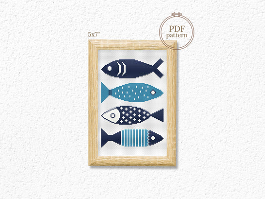 Abstract blue fishes cross stitch pattern – minimalist modern summer embroidery design PDF for ocean-themed decor
